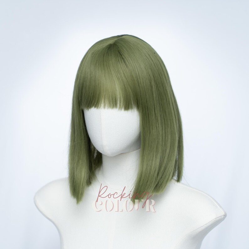 Parrucca Bob verde matcha da 10 pollici con frangia / Capelli sintetici corti e lisci immagine 3