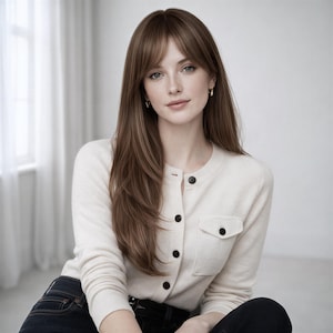 Puede incluir: Una persona con cabello castaño largo y en capas y flequillo, que lleva una rebeca color crema con botones negros y un bolsillo. También lleva vaqueros azul oscuro. El fondo es de un color suave y neutro.