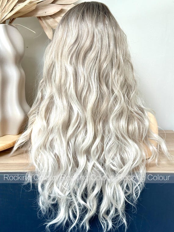 22-inch Ash Blonde Ombre Wavy Wig With Bangs | Dark Root to 