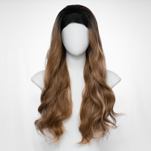 24-Inch Headband Wig – Long Wavy Dark Root to Light Brown Ombre Synthetic Hair with Black Headband, Free Wig Cap Included