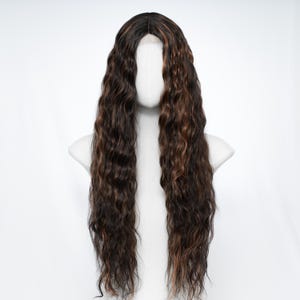 24-Inch Small Lace Front Wig – Long Wavy Dark Brown with Copper Highlights, Balayage Style Synthetic Hair, Free Wig Cap Included