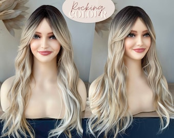 24'' Creamy Ash Blonde Ombre Long Wave Wig - Fringe Haircut Blonde Wig for Women