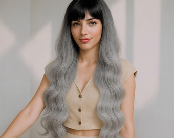 24-Inch Silver Grey Ombre Long Wavy Wig with Bangs | Dark Root Synthetic Hair