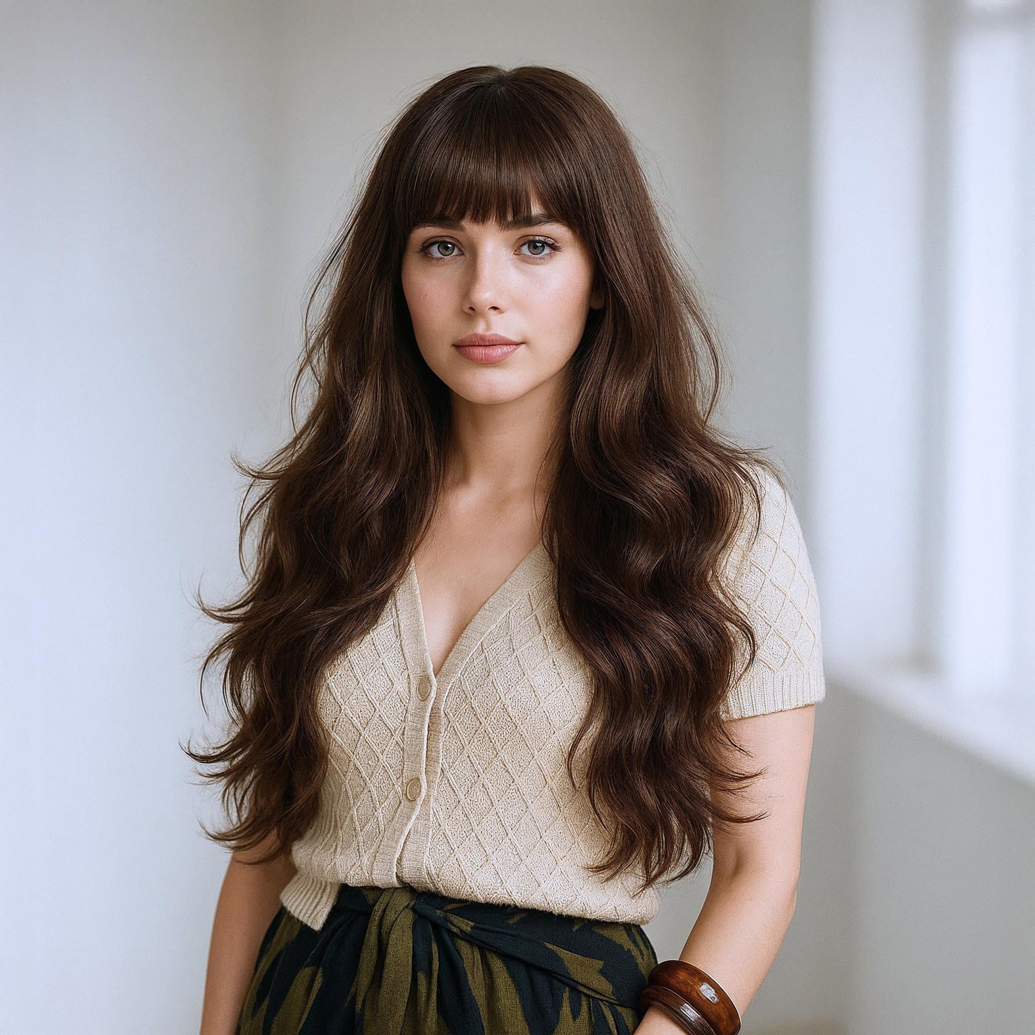 Dark Brown Wavy Wig with Bangs - 24-Inch Long Deep Brown Hair, Natural Water Wave Style & FREE Wig Cap