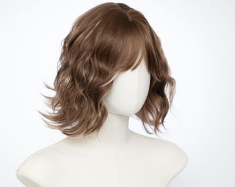 12-Inch Wavy Bob Wig Caramel Brown with Blonde Highlights Natural Look Hairpiece + Free Wig Cap