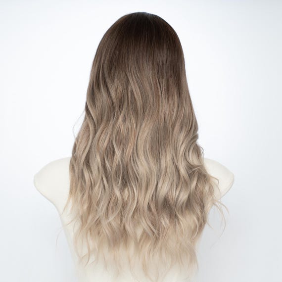 22in Blonde Ombre Wig Ombre Brown to Ash Blonde Wigs with Bangs, Long Wavy  main image 4