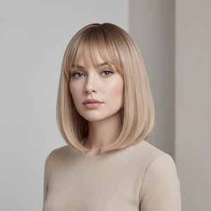 12-Zoll-blonde Ombre Bob-Perücke | Kurzes gestuftes Haar mit braunen Wurzeln und Pony