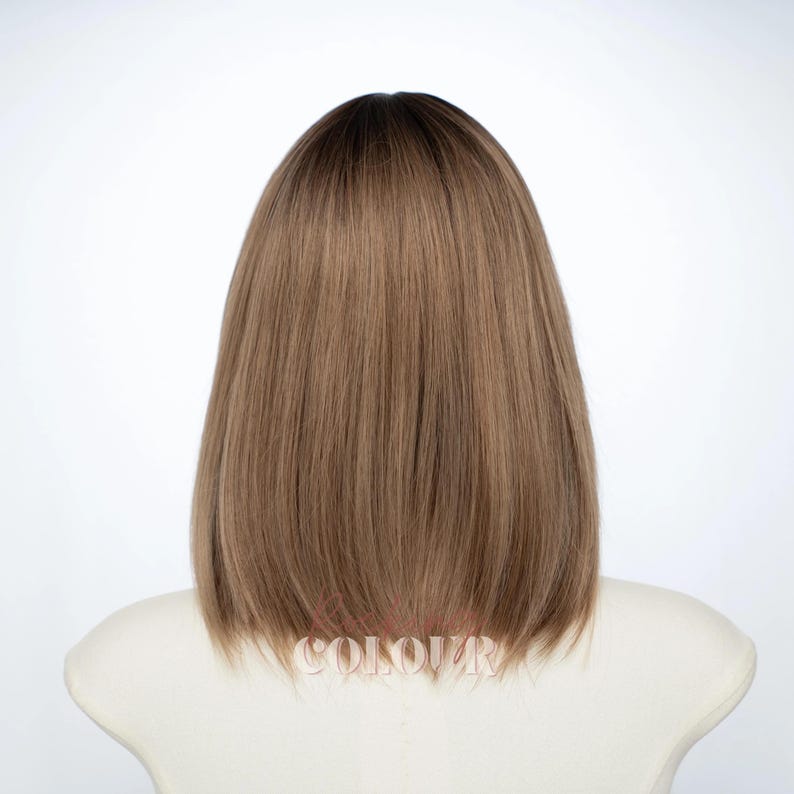 Peluca bob balayage castaño claro con flequillo / Cabello sintético liso con mechas de 30 cm imagen 8