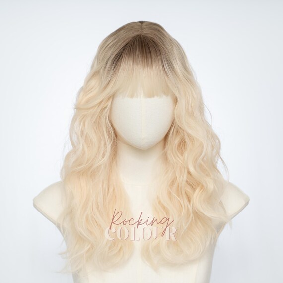 20-inch Platinum Blonde Ombre Wig With Bangs | Dark Root 