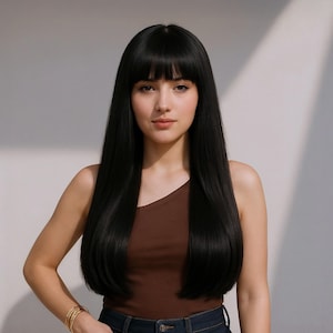 Black Straight Synthetic Wig with Bangs, 24-Inch Long Dark Hair, Natural Look & FREE Wig Cap, Womens Hairpiece