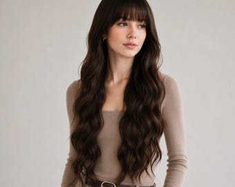 26-Inch Dark Brown Wavy Wig with Bangs | Natural Highlights