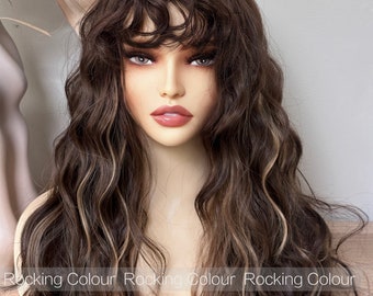 24-Inch Brown Wavy Wig with Bangs, Highlighted Long Wavy Hair, Natural Look & Free Wig Cap
