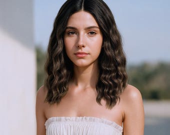 Small Lace Front Wig 14-Inch Wavy Bob with Bronze Highlights, Brown Short Hair & FREE Wig Cap