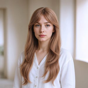 May include: A woman with long, layered, light brown hair and bangs. She is wearing a white button-down shirt. The background is a blurred, neutral-toned interior space with architectural details.
