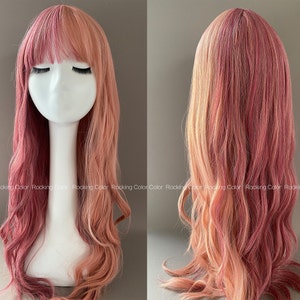 26'' Ombre Pink Water Wavy Wig with Bangs-FREE Wig Cap