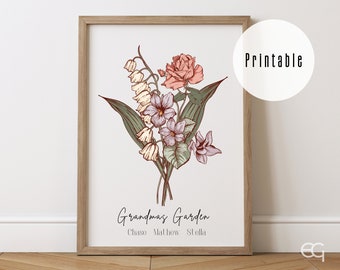 Grandmas Garden Birth Flower Printable Family Bouquet Personalized Gift Mothers Day Antique Home art keepsake for Great Grandmother for Mom