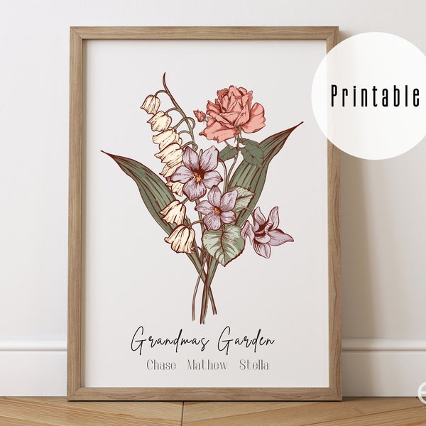 Grandmas Garden Birth Flower Printable Family Bouquet Personalized Gift Mothers Day Antique Home art keepsake for Great Grandmother for Mom