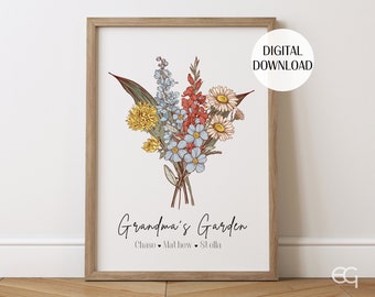 Jardin de grand-mère fleur de naissance imprimable bouquet de famille cadeau personnalisé fête des mères antique maison art souvenir pour arrière-grand-mère pour maman