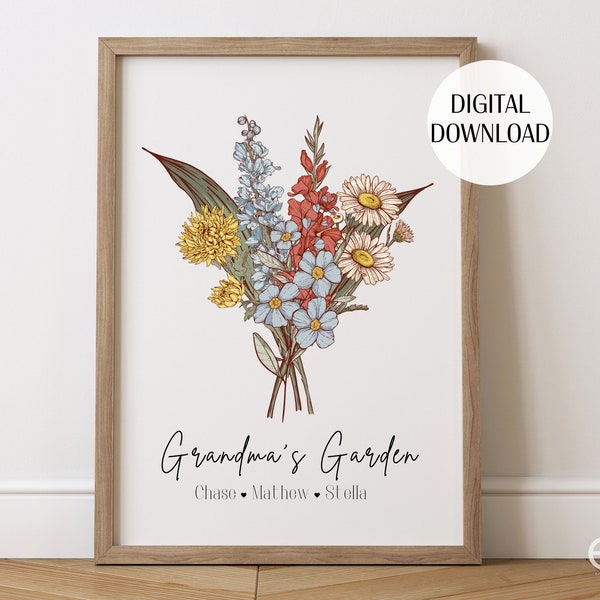 Grandmas Garden Birth Flower Printable Family Bouquet Personalized Gift Mothers Day Antique Home art keepsake for Great Grandmother for Mom