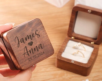 Custom Walnut Engagement Ring Box, Personalized Double Slot Wood Wedding Ring Box, Special Engagement Ring Box, Ring Carrier, Gift For Bride