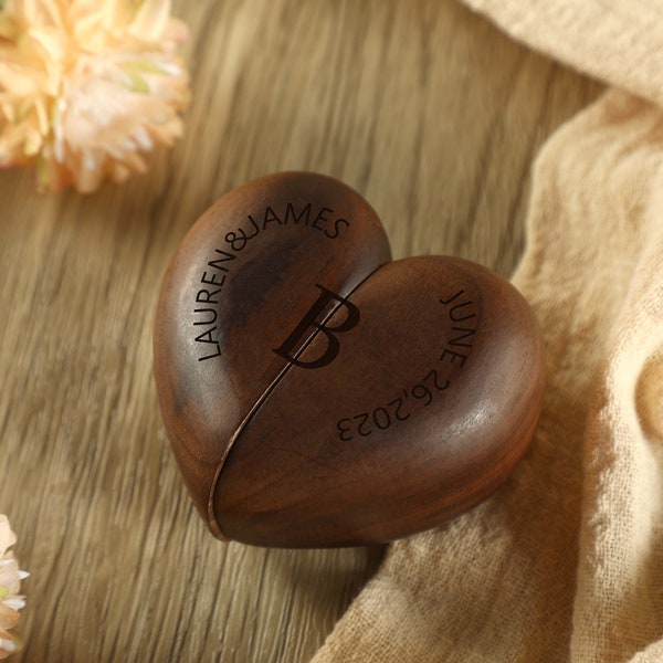 Customized Wooden Engagement Ring Box, Heart-Shaped Proposal Ring Box, Personalized Heart-Shaped Wedding Ring Box, Proposal Anniversary Gif