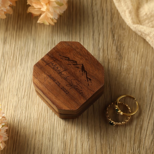 Personalized wedding ring box, square custom wooden ring carrier box, engraved name engagement ring box, wedding ring box, wedding souvenir