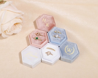 Personalized Velvet Ring Box, Engagement Ring Box, Wedding Gift, Hexagon Velvet Wedding Ring Box, Anniversary Gift, Gift for Her