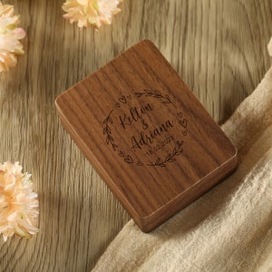 Customized Wood Engraved Wedding Ring Box, Proposal Ring Carrying Box, Personalized Wood Flip Top Ring Box, Thin Swivel Engagement Ring Box image 2