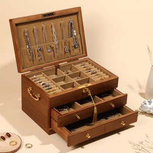 Personalized Wooden Jewelry Box, Walnut Jewelry Storage Box with Drawers, Wood Engraved Jewelry Box, Custom Gift for Her, Anniversary Gift