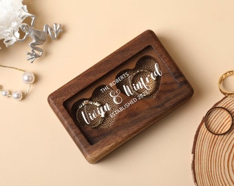 Wooden Double Slot Heart Engagement Ring Box, Engagement Ring Box, Personalized Engraved Wedding Ring Box, Gift for Bride, Anniversary Gift