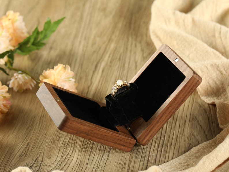 Customized Wood Engraved Wedding Ring Box, Proposal Ring Carrying Box, Personalized Wood Flip Top Ring Box, Thin Swivel Engagement Ring Box image 6