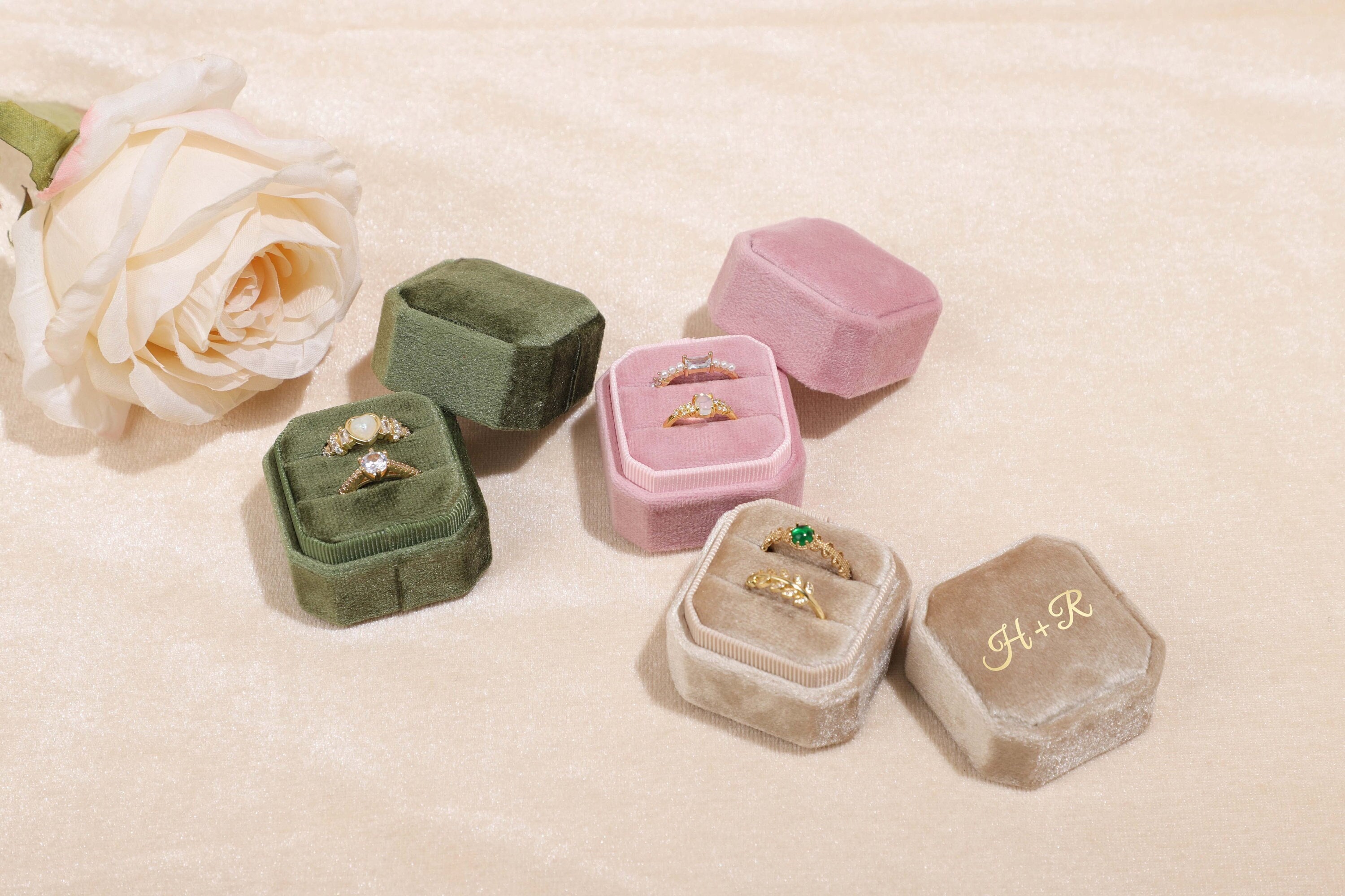 Velvet Personalized Ring Box, Elegant Souvenir Ring Box For Wedding Set, Octagonal Row Wedding Ring Box, Gift for Her, Wedding Gifts