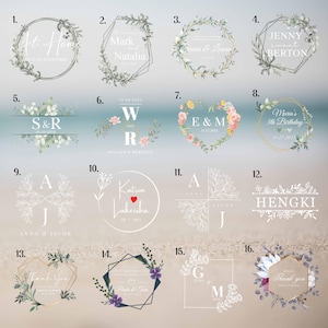 May include: A collection of 16 different designs for personalised round labels. The labels feature various floral wreaths, geometric shapes, and text. Some labels include names, dates, and messages such as "At Home", "Mark & Natalia", "S&R", "W & R", "E & M", "Jenny West Berton", "Maria's 3th Birthday", "Katrin Lakeisha", "A & J", "Hengki", "Thank you", "Gina & Mike", and "Thank you".