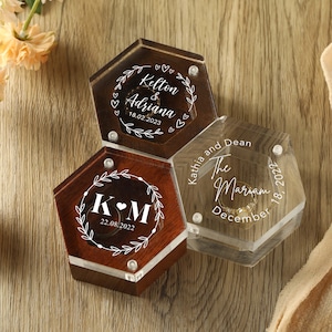 Custom wooden wedding ring box, personalized clear acrylic engagement ring box with magnetic seal, wooden base ring box, gift for the bride