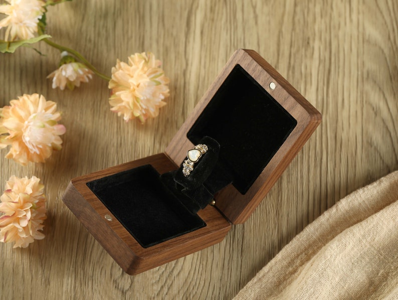 Customized Wood Engraved Wedding Ring Box, Proposal Ring Carrying Box, Personalized Wood Flip Top Ring Box, Thin Swivel Engagement Ring Box image 4