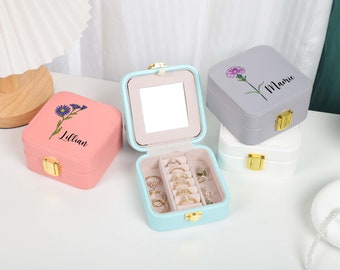 Customized Birthday Flower Jewelry Box, Personalized Name Ring Box, Ladies Leather Jewelry Box Gift, Bridesmaid Gift, Birthday Gift
