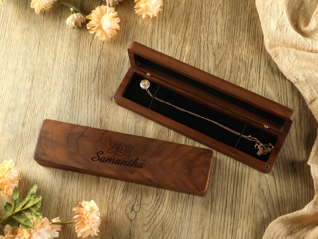 Personalized Wood Necklace Box, Custom Engraved Name Necklace Box