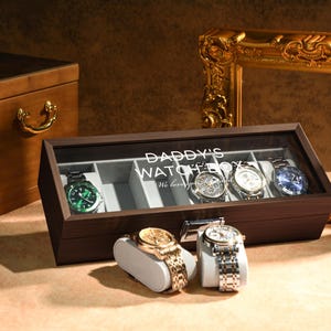 Gepersonaliseerde zwarte notenhouten horlogedoos, op maat gemaakte horloge-opbergdoos, geschenkdoos voor bruidegom, geschenkdoos voor getuige, cadeau voor vader, jubileumcadeau