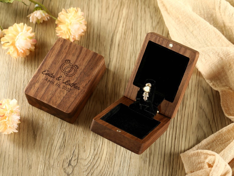 Customized Wood Engraved Wedding Ring Box, Proposal Ring Carrying Box, Personalized Wood Flip Top Ring Box, Thin Swivel Engagement Ring Box image 3