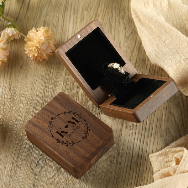 Customized Wood Engraved Wedding Ring Box, Proposal Ring Carrying Box, Personalized Wood Flip Top Ring Box, Thin Swivel Engagement Ring Box