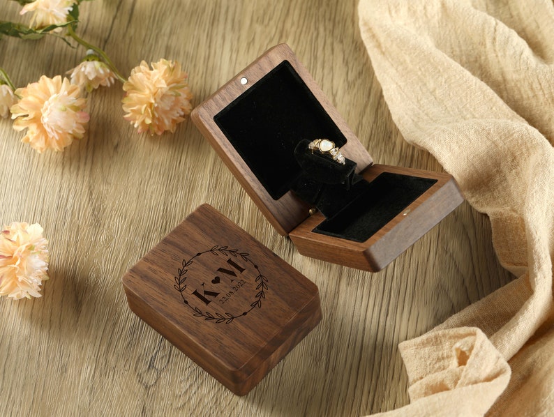 Customized Wood Engraved Wedding Ring Box, Proposal Ring Carrying Box, Personalized Wood Flip Top Ring Box, Thin Swivel Engagement Ring Box image 1