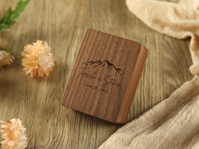 Customized Wood Engraved Wedding Ring Box, Proposal Ring Carrying Box, Personalized Wood Flip Top Ring Box, Thin Swivel Engagement Ring Box image 5