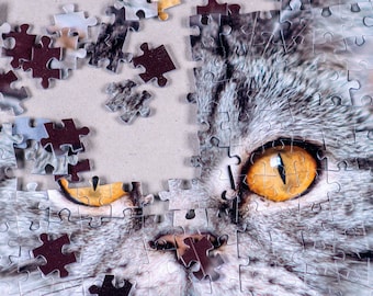 Pode incluir: Um close-up do rosto de um gato cinza e branco com um olho visível. O rosto do gato é feito de um quebra-cabeça com algumas peças faltando.
