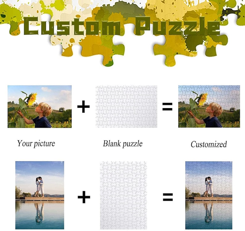Puede incluir: Un gr&aacute;fico que muestra c&oacute;mo crear un rompecabezas personalizado. La imagen muestra una foto de un ni&ntilde;o oliendo un girasol, un rompecabezas en blanco y el rompecabezas personalizado terminado con la foto del ni&ntilde;o. El gr&aacute;fico se repite con una foto diferente de una pareja de pie junto a una piscina.