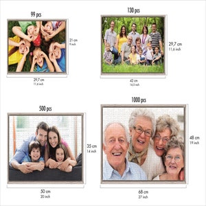 May include: Four different jigsaw puzzles with varying piece counts: 99, 500, 130, and 1000 pieces. Each puzzle features a different family photo. The puzzles are framed in a light wood frame.