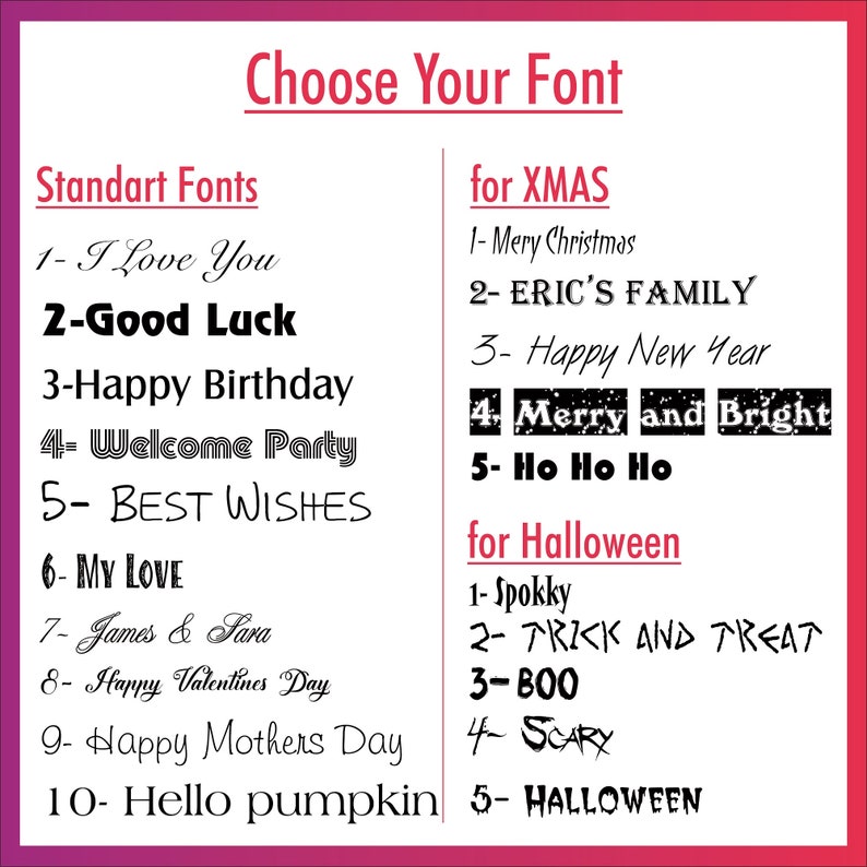 May include: A graphic design image showing different font styles for various occasions. The image is divided into three sections: "Standart Fonts", "for XMAS", and "for Halloween". Each section lists different font styles with corresponding numbers and text.