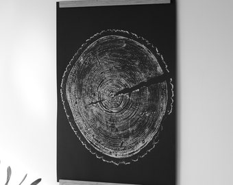 Black paper tree ring print, Touchwood, House warming gifts, Woodcut print, tree stump art, European Trees, Ink Print, 18x24 inch (46x61 cm)