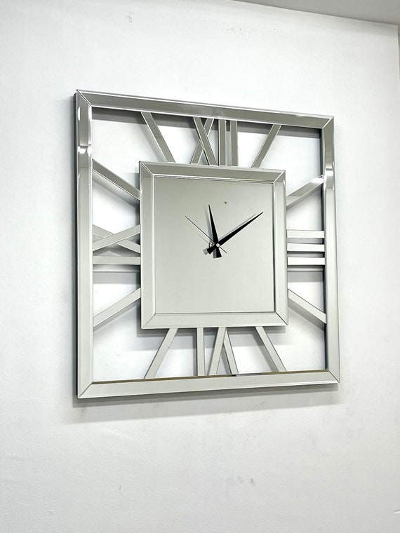 Mirror Wall Decoration And Square Clock Decor Square Wall Clock Mirror Decor, Grey Framed Mirrored Wall Clock 68cm