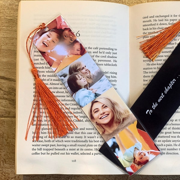 Personalised Photo Bookmark, with your message on reverse, Add 4 photos and pick a tassle colour. An Ideal gift for Father’s Day, birthdays.