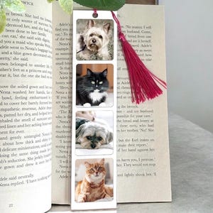 Op de afbeelding: Een rechthoekige boekenlegger met vier huisdierportretten: een Yorkshire Terrier, een zwart-witte kat, een Shih Tzu en een rode kat. De boekenlegger heeft een rode kwast en staat tussen de pagina's van een boek.